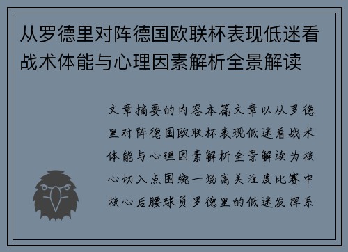 从罗德里对阵德国欧联杯表现低迷看战术体能与心理因素解析全景解读