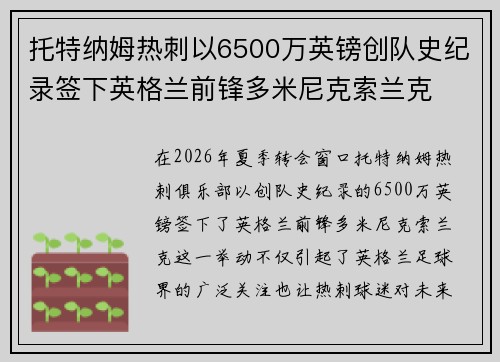 托特纳姆热刺以6500万英镑创队史纪录签下英格兰前锋多米尼克索兰克