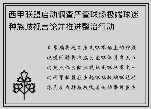 西甲联盟启动调查严查球场极端球迷种族歧视言论并推进整治行动