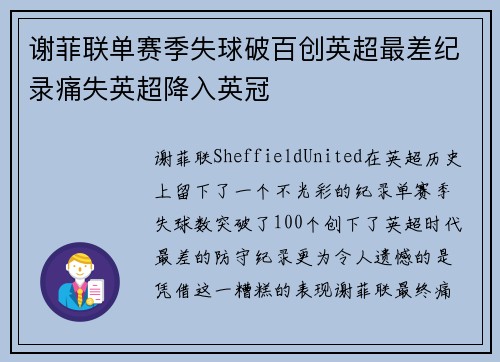 谢菲联单赛季失球破百创英超最差纪录痛失英超降入英冠